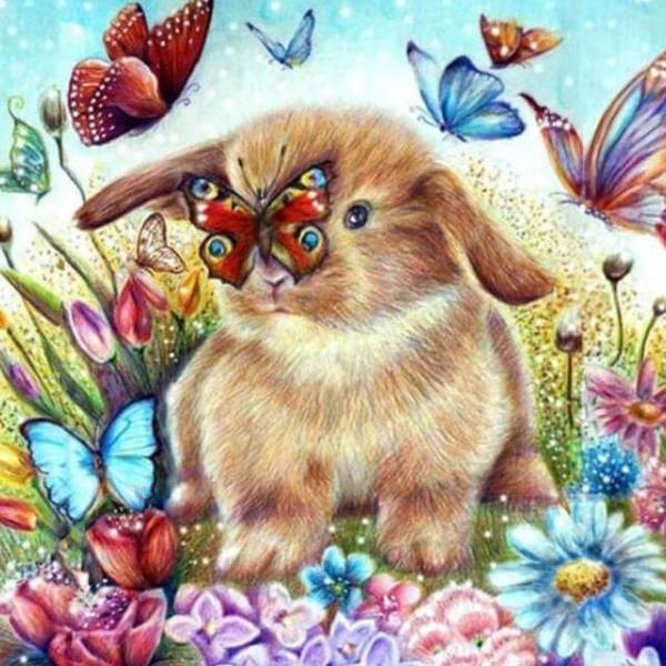 Rabbit Playing with the Butterflies - DIY Diamond Painting