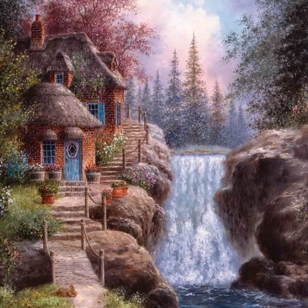 Country House Beside Falls - DIY Diamond Painting