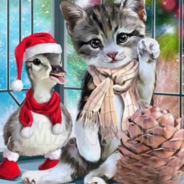 Christmas Cat and Duck - DIY Diamond  Painting