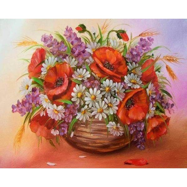 Red, White and Purple Flowers - DIY Diamond  Painting