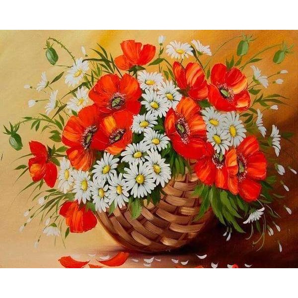 Red and White Flowers in a basket - DIY Diamond  Painting