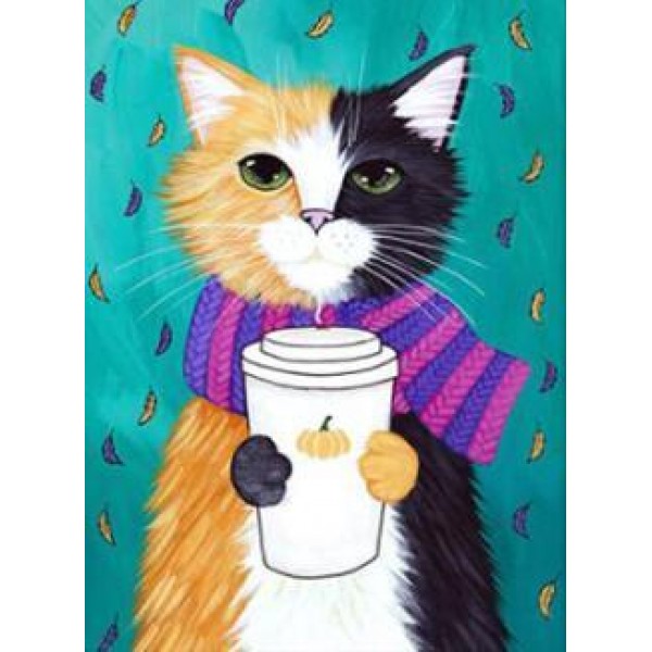 Yellow and Black Cat with a Latte - DIY Diamond Painting