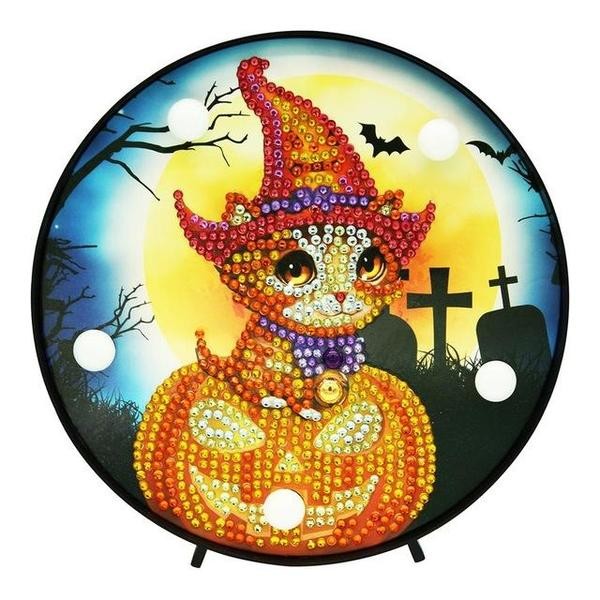 Pumpkin and Witch Cat - DIY Diamond Painting LED Lamp