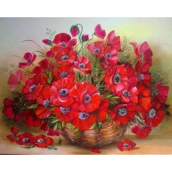 Red Flowers in a basket - DIY Diamond  Painting