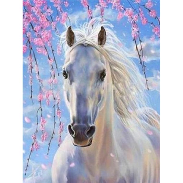 White Horse in Cherry Blossom - DIY Diamond Painting
