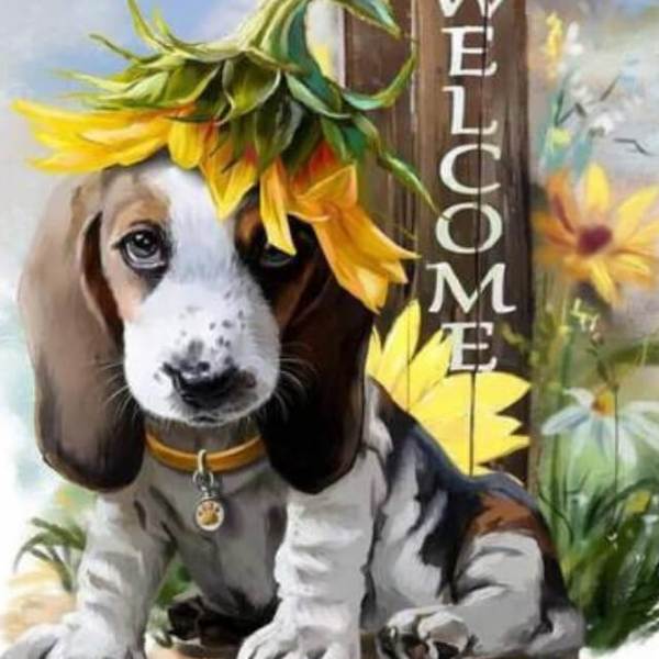 Dog with a Welcome Sign - DIY Diamond Painting