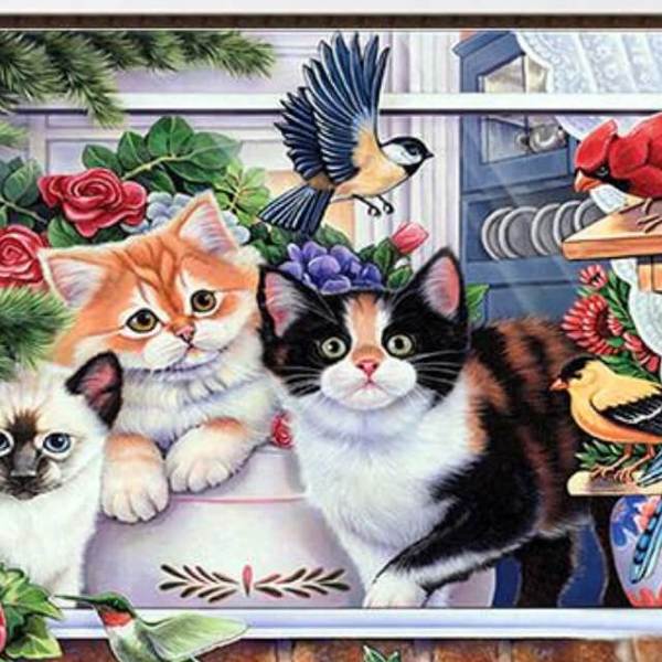 Cat Family and Birds - DIY Diamond  Painting