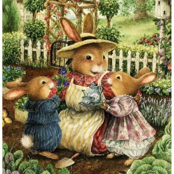 Rabbit Family in Garden - DIY Diamond Painting